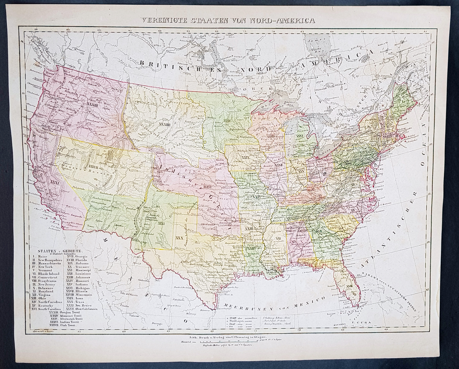 1849 Flemming Antique Map The United States of America
