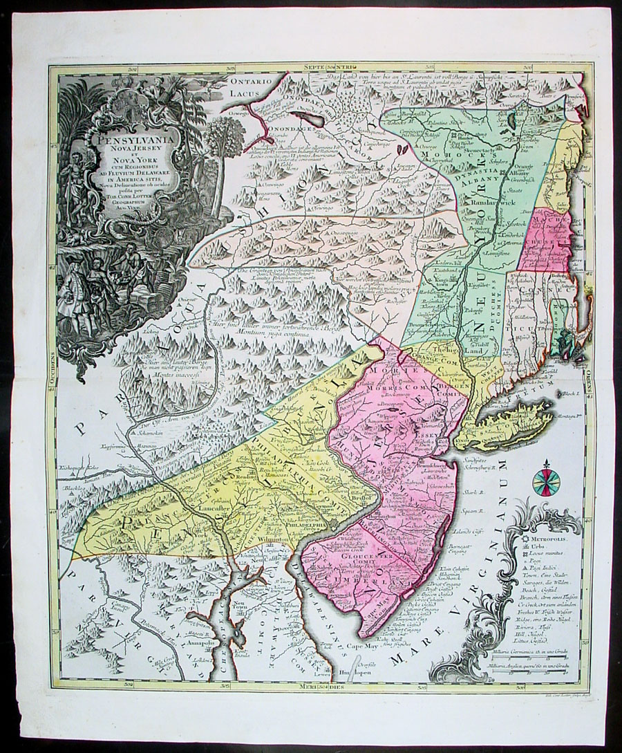 1760 Seutter Lotter Map New York NJ Penn New England