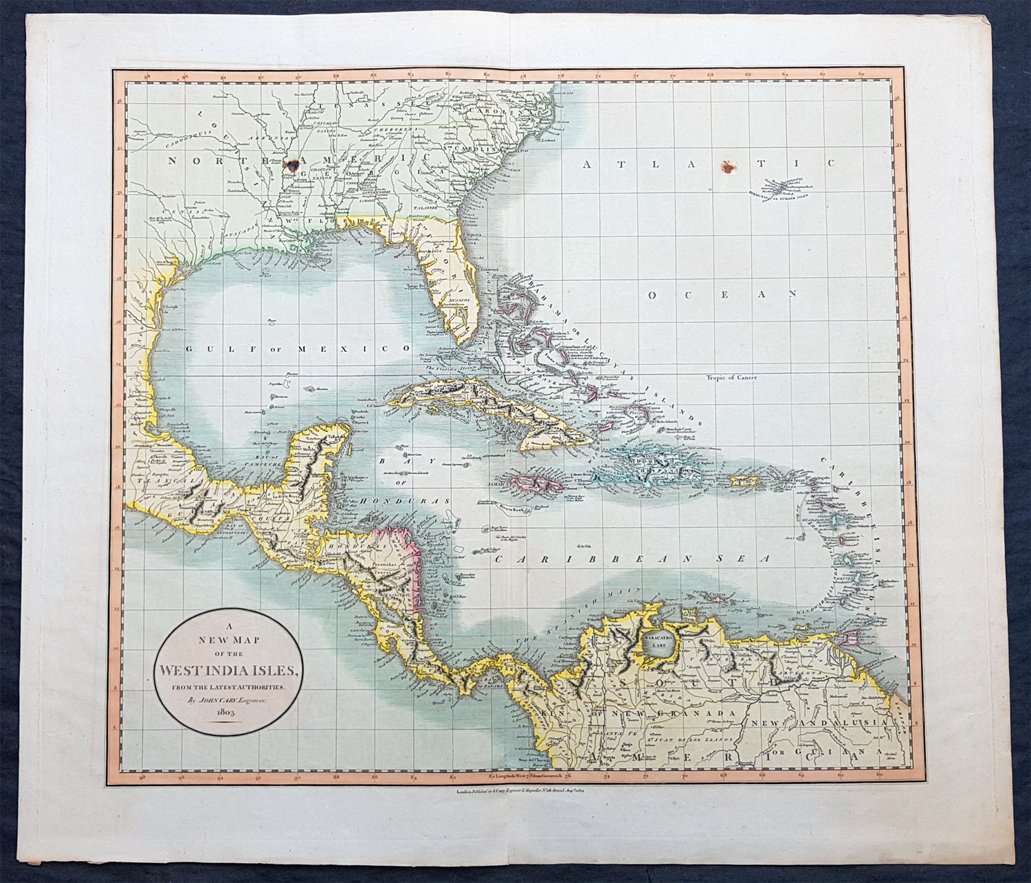 1803 John Cary Antique Map of Caribbean Gulf of Mexico