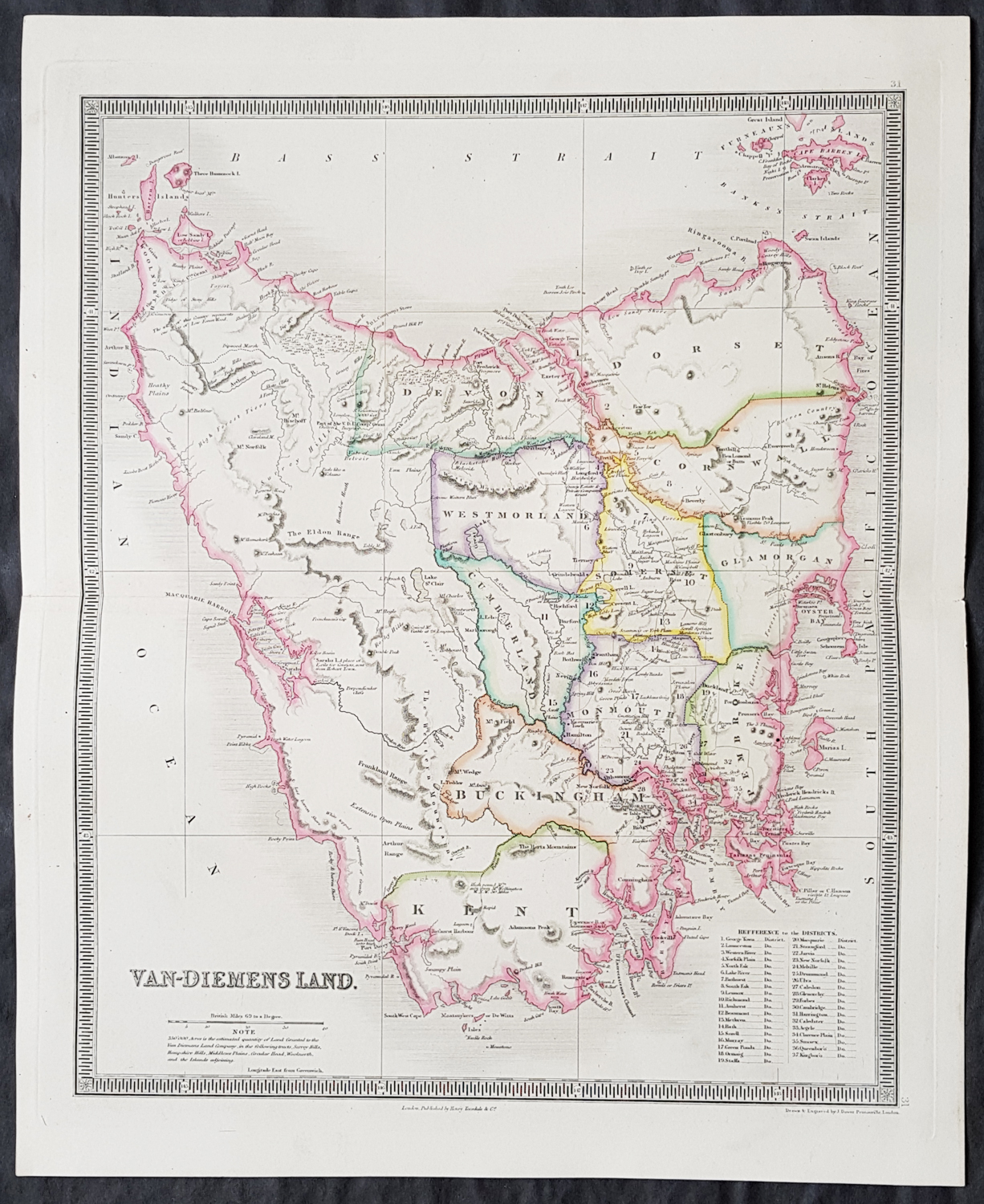 1835 Large Teesdale Antique Map of Tasmania Van Diemens