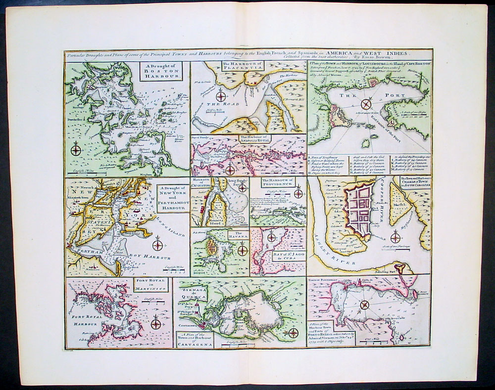 1752 Bowen Antique Map American Harbors Boston New York
